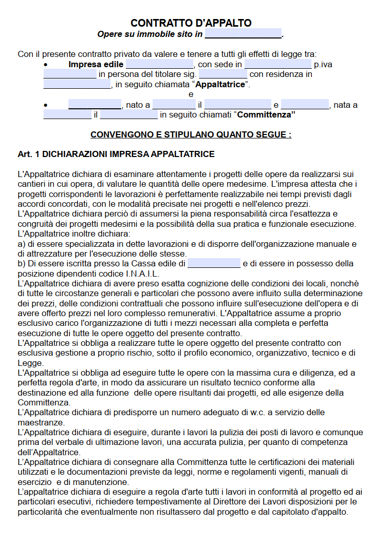 Contratto per Lavori di Ristrutturazione