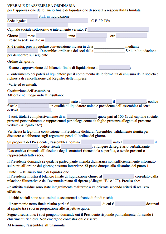 Fac Simile Verbale Approvazione Bilancio Finale di Liquidazione Srl