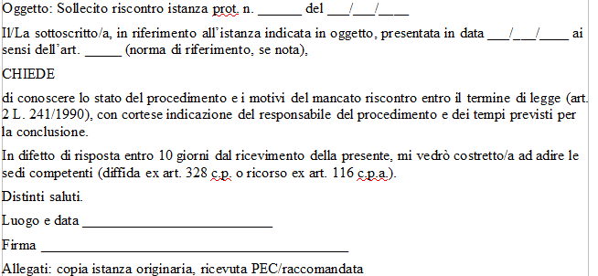 Fac Simile Lettera di Sollecito di Risposta alla Pubblica Amministrazione Word