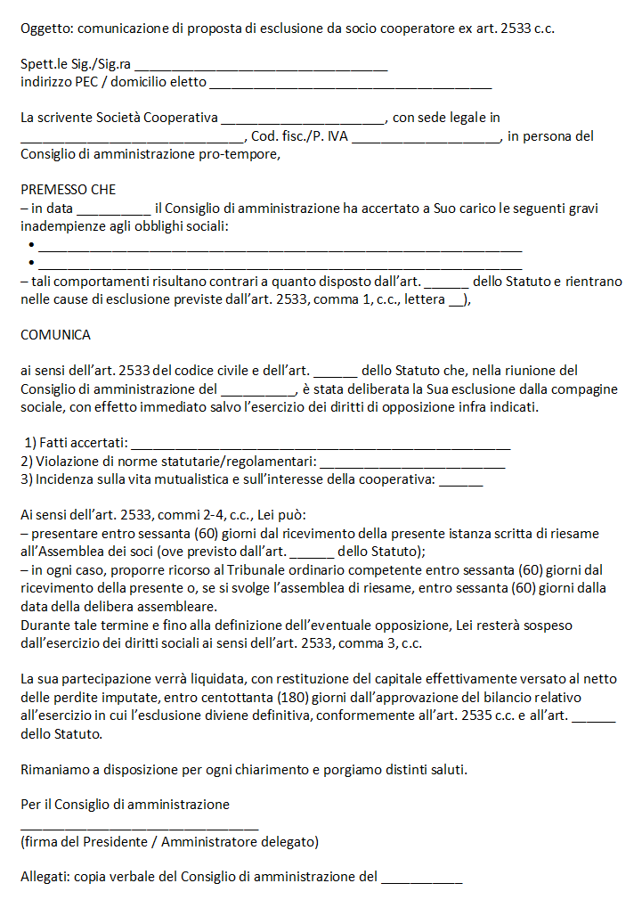 Lettera Esclusione Socio Cooperativa