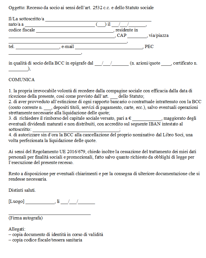 Lettera di Recesso Socio BCC