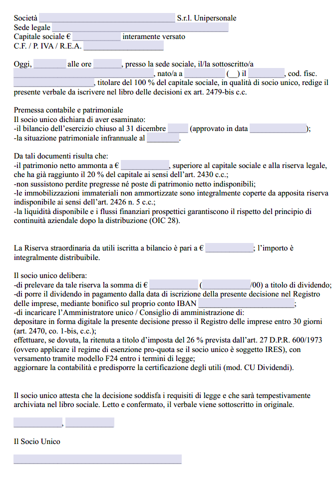 Verbale distribuzione utili srl unipersonale