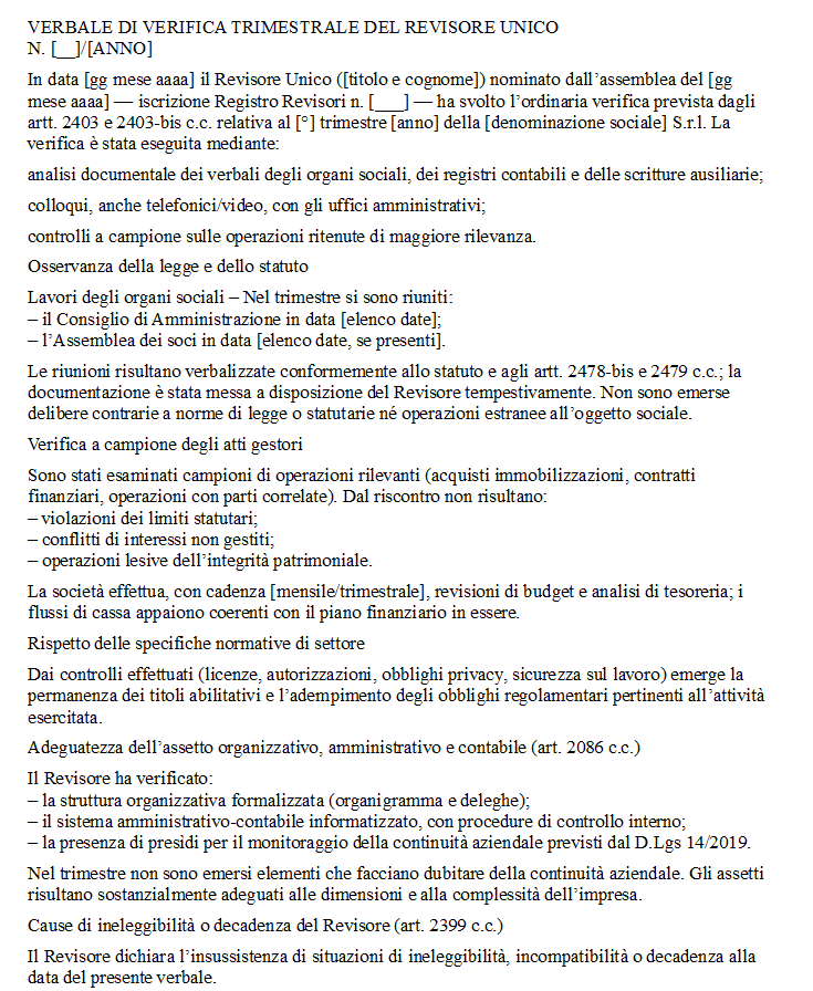 Verifica Trimestrale Revisore Unico Srl