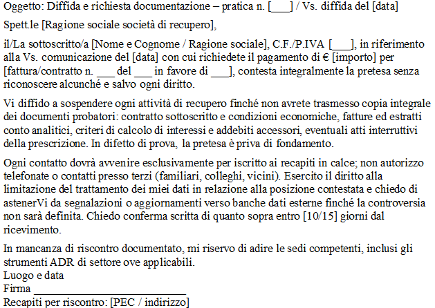 Lettera di Diffida a Società di Recupero Crediti