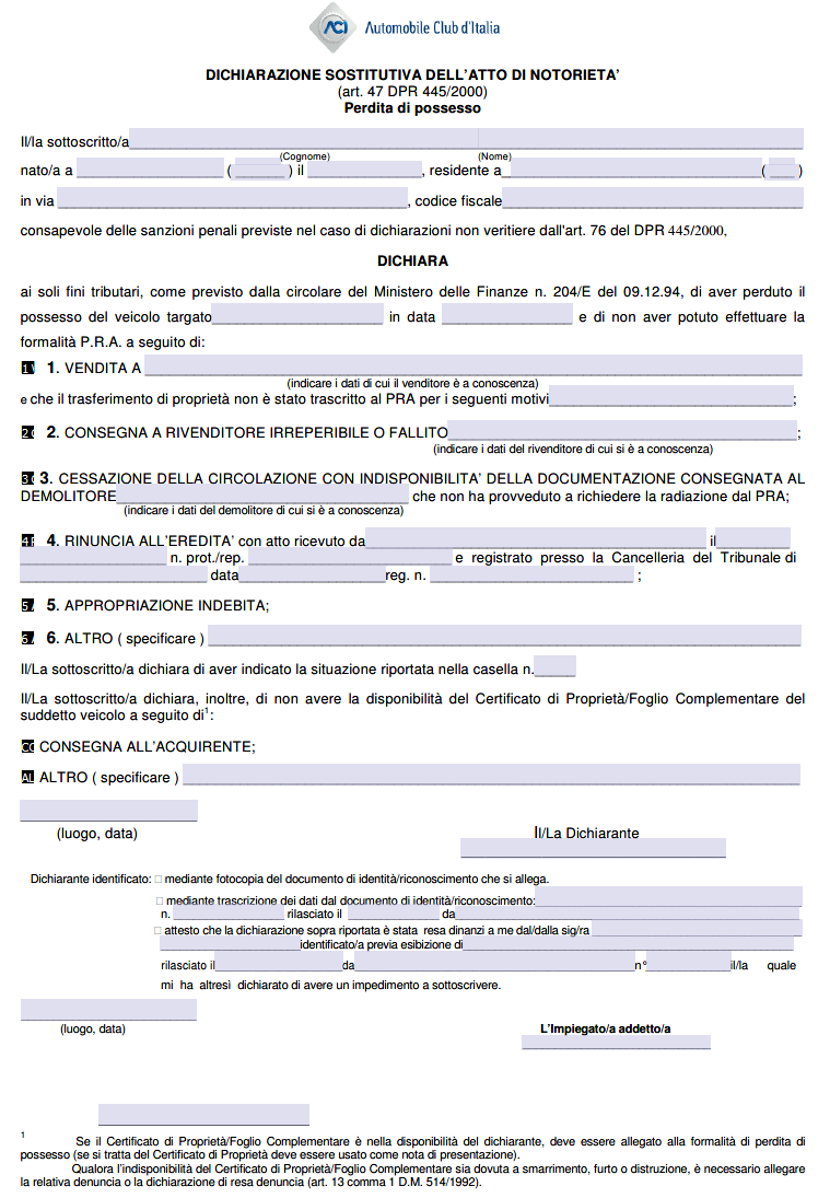 Disconoscimento Proprietà del Veicolo
