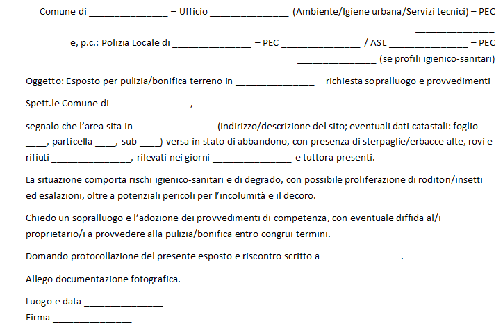 Esposto al Comune per Pulizia di Terreni