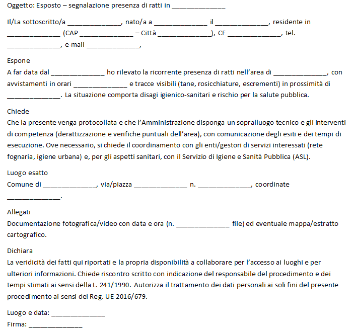 Esposto al Comune per Topi