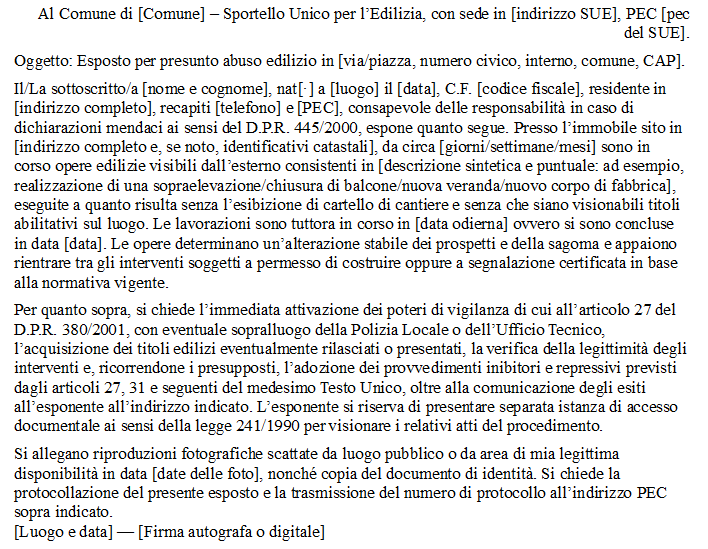 Fac Simile Esposto Abuso Edilizia