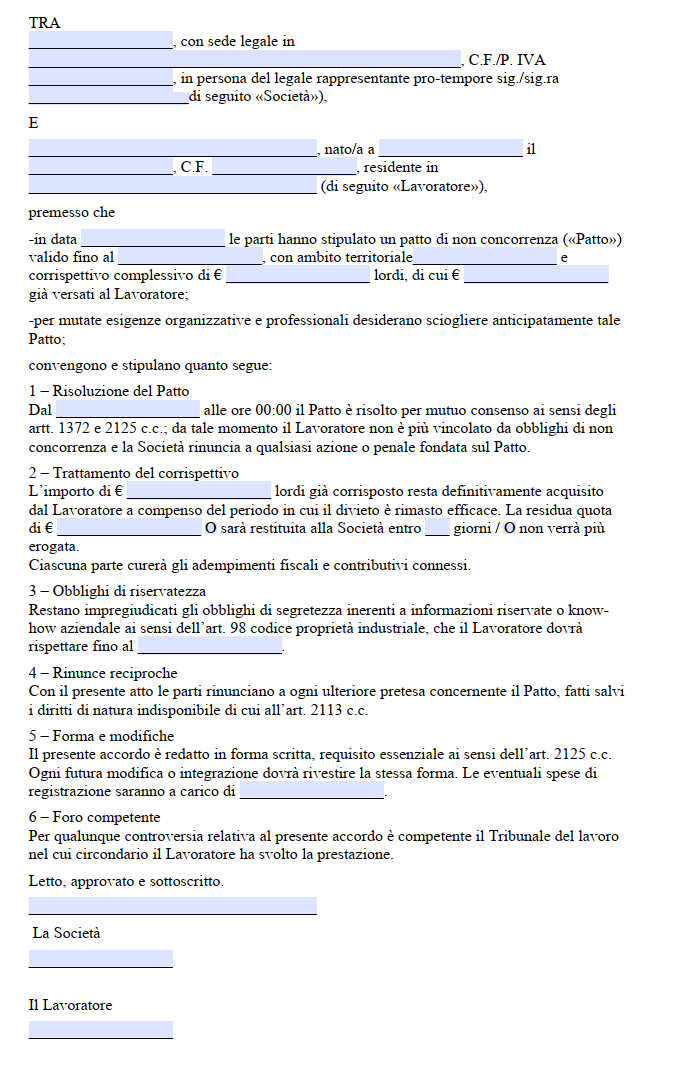 Fac Simile Risoluzione Consensuale Patto di non Concorrenza