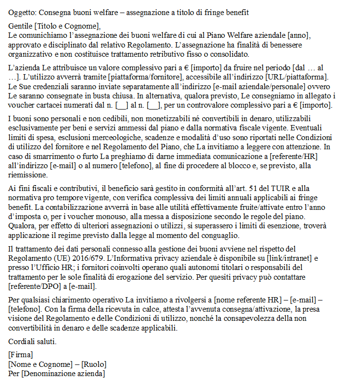 Lettera di Consegna Buoni Welfare