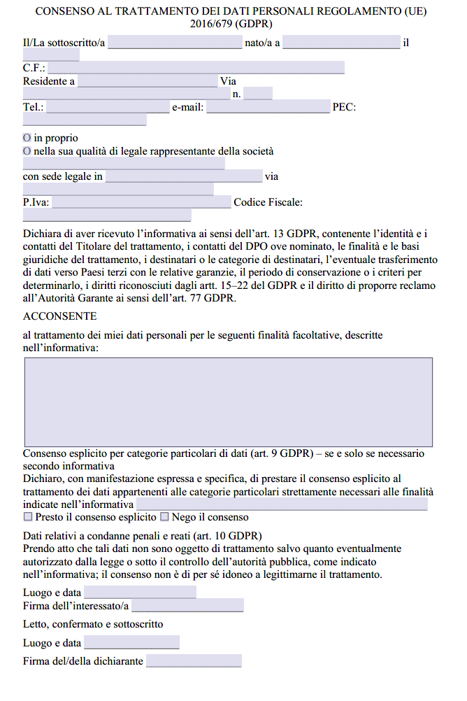 Modulo Consenso al Trattamento dei Dati Personali