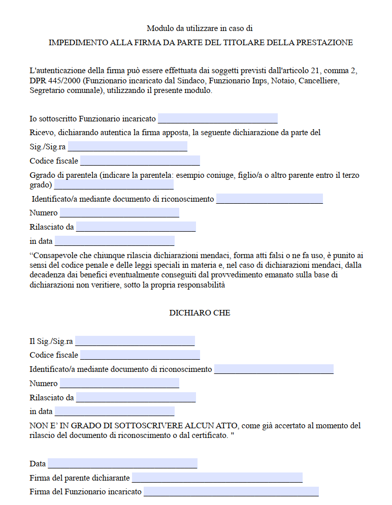 Modulo Dichiarazione Sostitutiva di Impedimento a Firmare