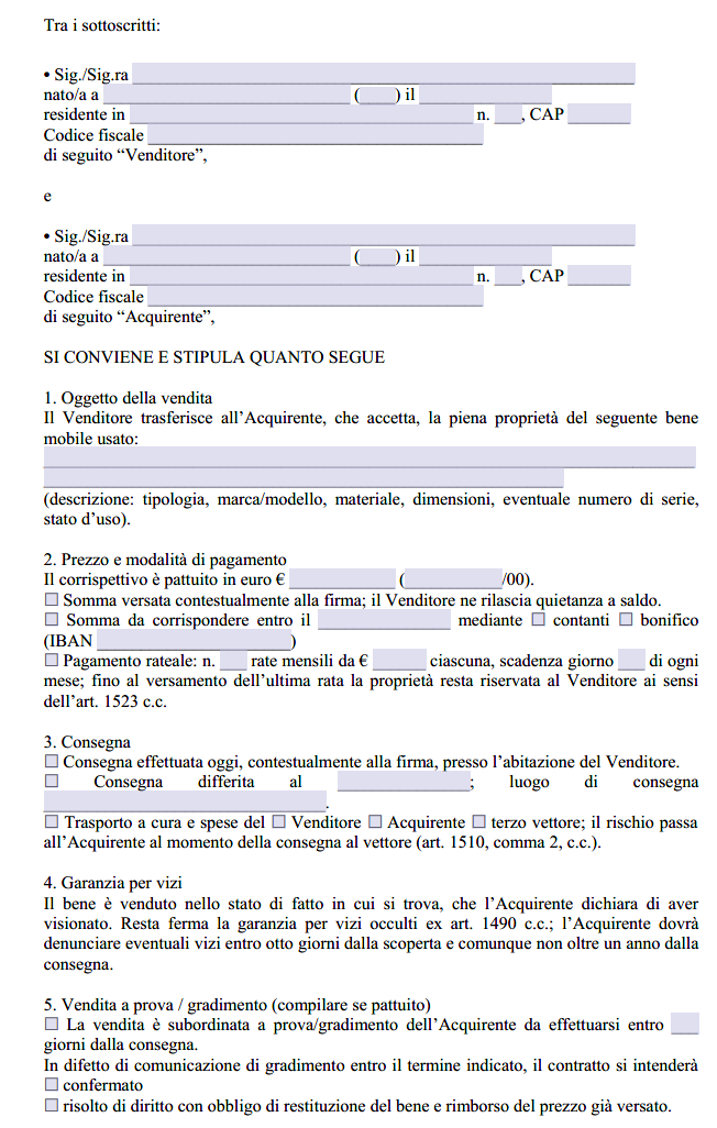 Scrittura Privata Vendita Mobili Usati