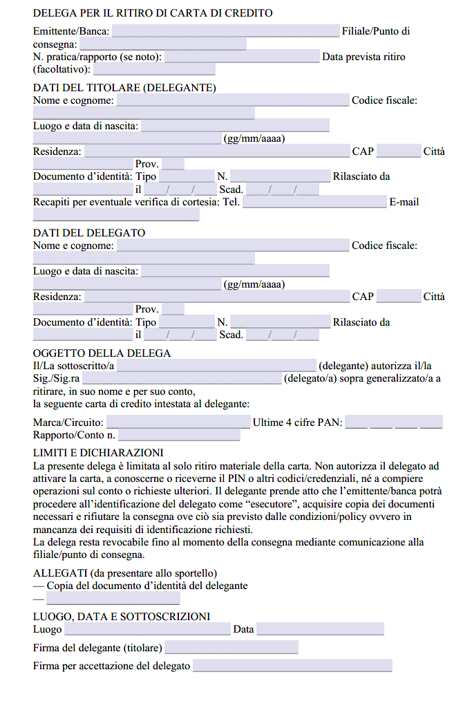 Delega Ritiro Carta di Credito