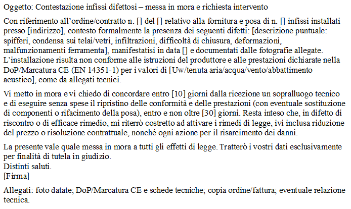 Lettera di Contestazione Infissi Difettosi