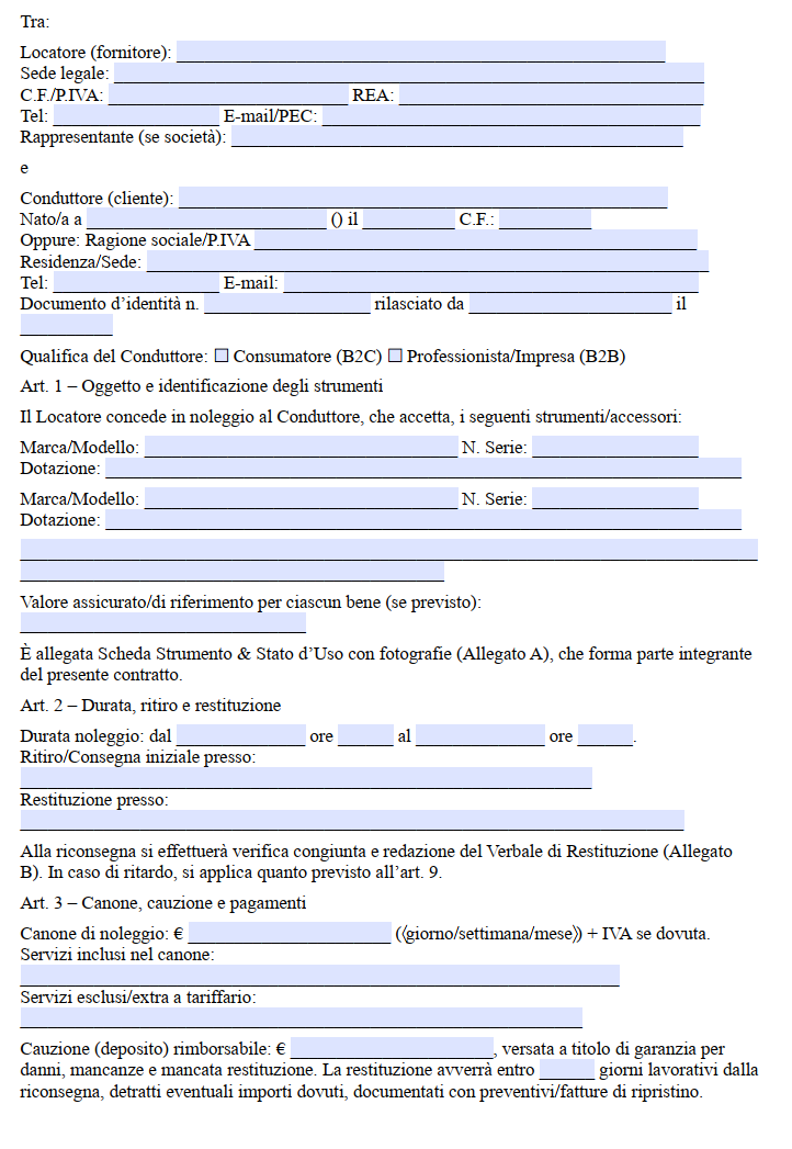 Contratto di Noleggio Strumenti Musicali