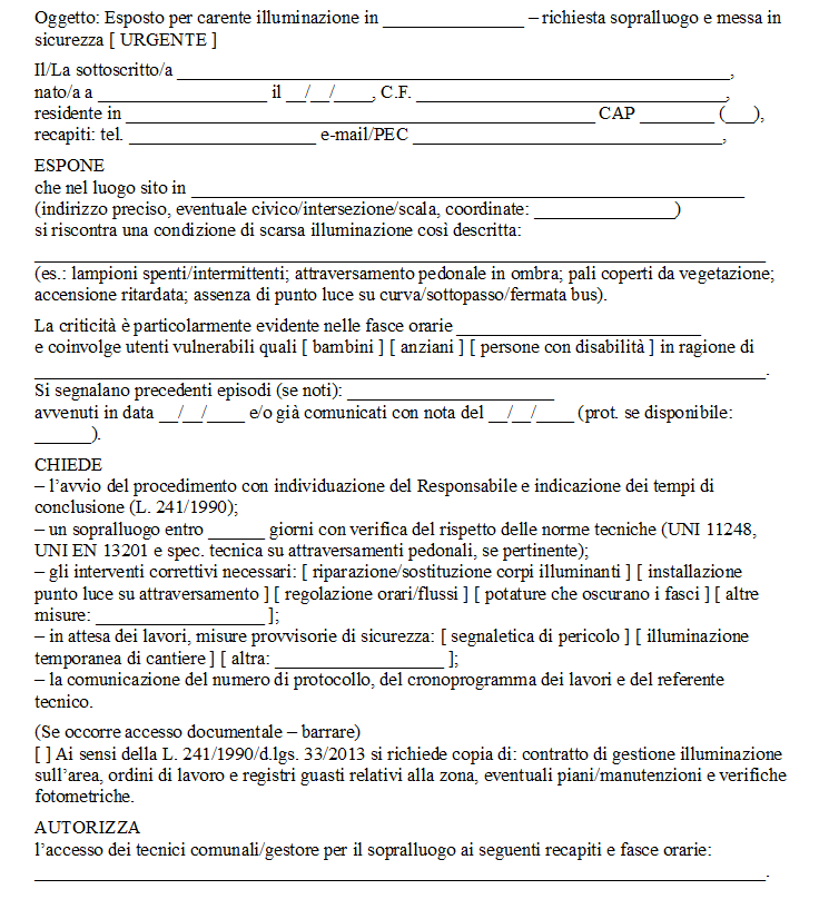 Fac Simile Esposto al Comune per Scarsa Illuminazione