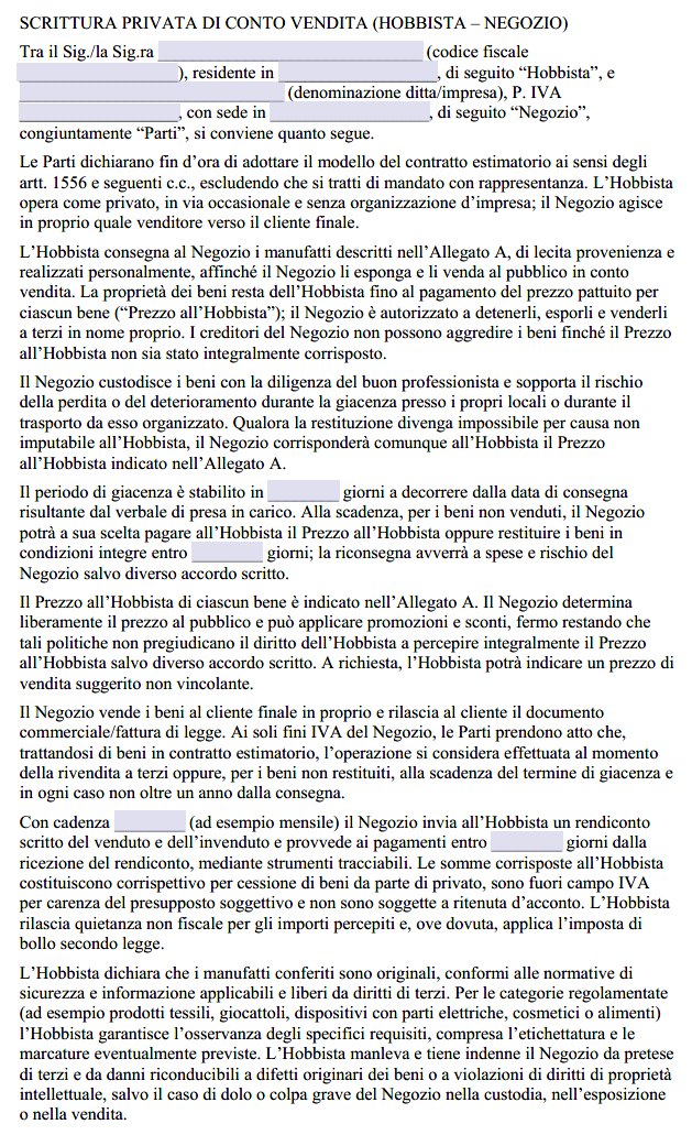 Contratto Conto Vendita Hobbisti