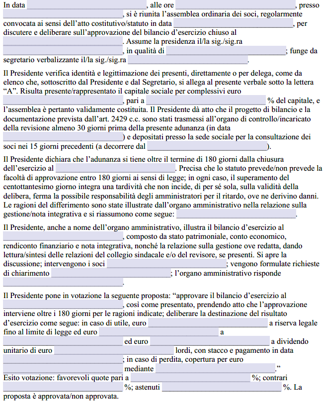 Verbale Assemblea Approvazione Bilancio Oltre 180 Giorni