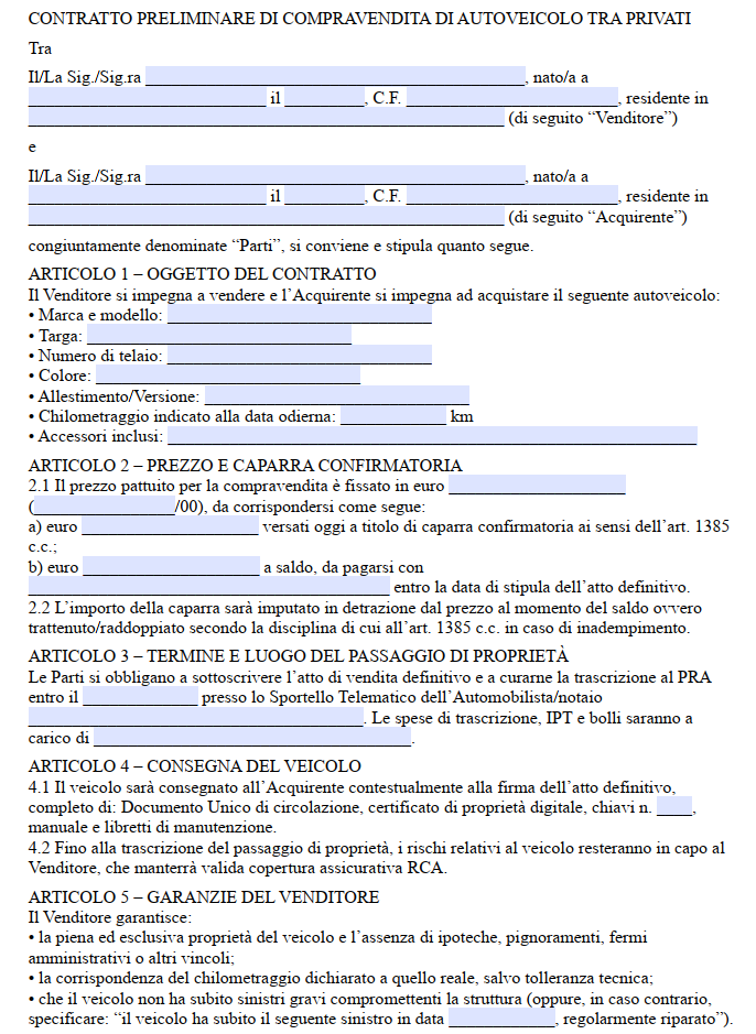 Contratto Preliminare di Compravendita Auto