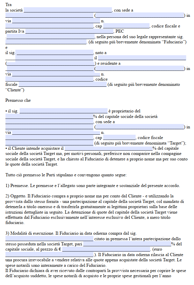 Scrittura Privata Intestazione Fiduciaria di Quote Sociali